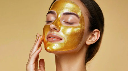 A serene woman enjoys a beauty treatment, applying a luxurious golden facial mask that enhances her skin's glow and promotes relaxation. Experience ultimate skincare.の素材