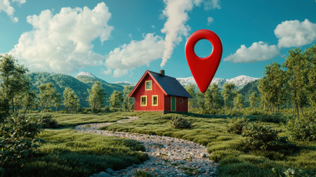 A vibrant red house with a location marker floats above a scenic landscape. The inviting scenery features mountains, greenery, and a serene pathway, perfect for travel themes.の素材