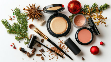 A vibrant arrangement of cosmetics and holiday decorations showcasing beauty products perfect for festive occasions, evoking a sense of celebration and elegance.の素材