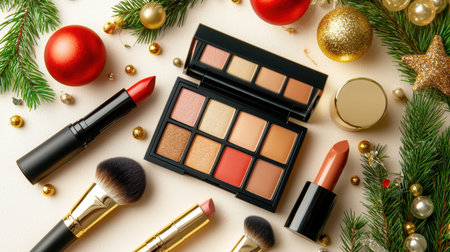 A vibrant and festive flat lay featuring various makeup items and holiday decorations, perfect for seasonal beauty promotions and gift ideas.の素材