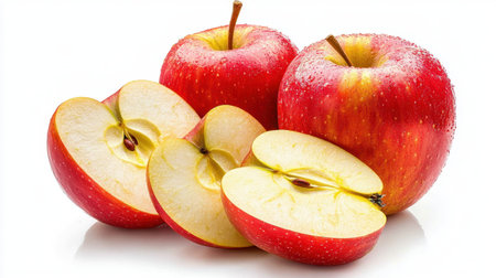 A stunning image of fresh red apples and sliced pieces reveals the juicy texture and vibrant color, perfect for showcasing healthy eating and culinary delights.の素材