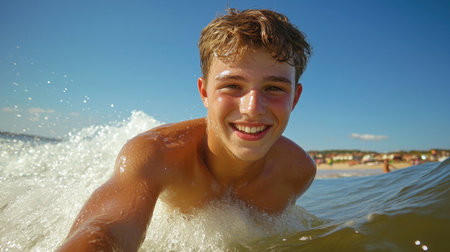 A young boy smiles brightly while swimming in the ocean, capturing the essence of summer joy. The waves splash around him, creating a perfect beach moment.の素材