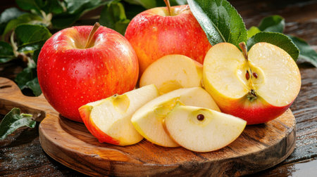 A vibrant display of fresh red apples, sliced and arranged on a wooden board. Perfect for showcasing healthy snacks, recipes, and natural food themes.の素材