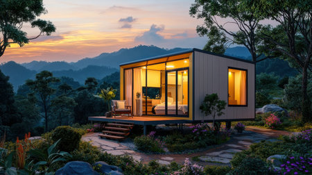 A stunning modern prefab cabin situated among tranquil mountain scenery. This image captures a cozy space perfect for relaxation, featuring large windows and lush surroundings.の素材