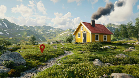 This image features a charming yellow house in a beautiful rural landscape, surrounded by mountains, clouds, and lush green grass. Perfect for travel or home themes.の素材