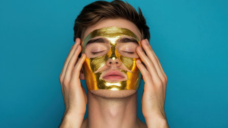 A young man enjoys a luxurious gold facial mask, promoting relaxation and self-care. The vibrant blue background enhances the serene beauty of the moment.の素材