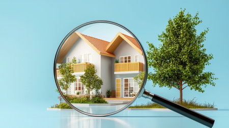 A detailed view of a house model observed through a magnifying glass, showcasing architectural beauty amidst greenery against a calming blue backdrop.の素材
