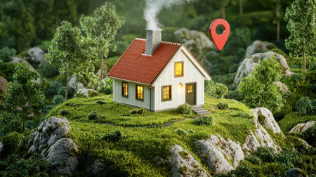 Charming cottage nestled in a vibrant forest with a map marker pin. Surrounded by lush greenery and rocky terrain, this picturesque setting invites relaxation and exploration in nature.の素材