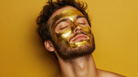 A young man enjoys a moment of relaxation with a gold facial mask, showcasing skincare and self-care practices against a bright yellow background.の素材