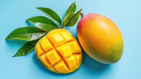 A vibrant and fresh mango fruit alongside a sliced piece, complete with green leaves, set against a bright blue background, perfect for food-themed projects.の素材