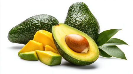 Fresh avocado and mango showcase the beauty of healthy fruits. A sliced avocado reveals its creamy interior alongside vibrant mango chunks, perfect for nutrition-focused dishes.の素材