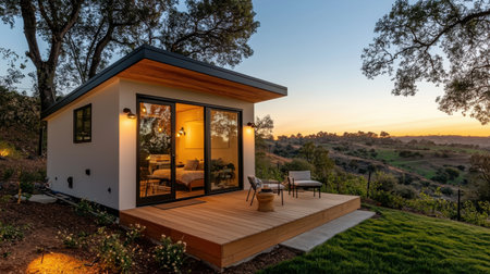 Discover a cozy modern cabin retreat at sunset, surrounded by serene landscapes. Perfect for relaxation and outdoor enjoyment, this charming home offers a tranquil escape.の素材