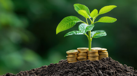 A young green plant grows from a mound of soil surrounded by coins, representing the relationship between nature and financial growth. This image highlights investment and prosperity.の素材