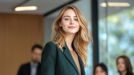 A confident young businesswoman stands in a modern office, smiling warmly. She embodies professionalism and motivation, reflecting a positive workplace atmosphere.の素材