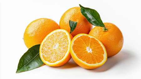 Vibrant fresh oranges displayed with green leaves, showcasing a cut fruit revealing juicy segments. Perfect for food photography and healthy eating themes.の素材
