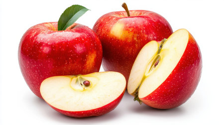 This image features vibrant red apples with a fresh leaf and a sliced half. The appealing look makes it perfect for promoting healthy eating or cooking.の素材