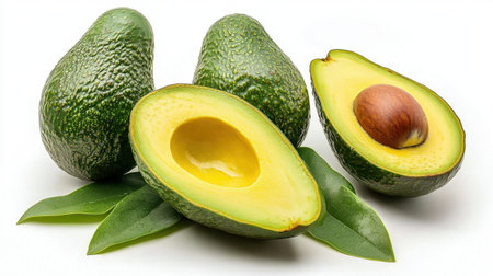 Fresh avocados displayed with green skin and a vibrant yellow interior. Perfect for healthy meals, snacks, and adding flavor to dishes. Ideal for food lovers!の素材
