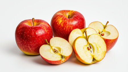 Fresh red apples displayed on a white background, featuring whole and sliced pieces. A vibrant representation of healthy snacking and farm-fresh produce.の素材