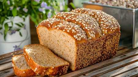 A freshly baked whole grain bread with oats, beautifully sliced and displayed. Perfect for showcasing healthy eating and rustic culinary arts.の素材