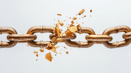 Close-up image of a broken chain link, representing vulnerability and failure in strength. The scene captures fragments flying away, emphasizing destruction and separation.の素材
