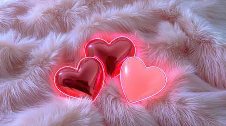 Three colorful neon hearts glow softly against a plush textured background, creating a warm and inviting atmosphere perfect for romantic themes and celebrations.の素材