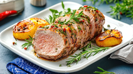 Savory herb-crusted pork tenderloin served with roasted peaches, perfect for a flavorful dinner or special occasion. Colorful presentation highlights freshness.の素材