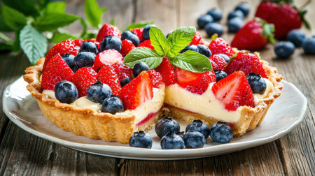 A beautifully arranged fresh fruit tart featuring vibrant strawberries and blueberries on a wooden table, perfect for dessert lovers. Savor the colorful and delicious treat!の素材