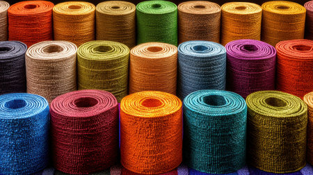A visually stunning array of colorful yarn rolls, arranged neatly on a shelf, perfect for craft projects, DIY activities, and artistic endeavors.の素材