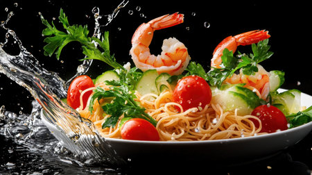 A beautifully arranged shrimp pasta bowl with fresh vegetables, featuring a dynamic splash of water that enhances its visual appeal, perfect for culinary enthusiasts.の素材