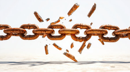 A broken chain link lies on a surface, symbolizing weakness and failure. The rusted metal fragments scatter, emphasizing the impact of separation and loss of strength.の素材