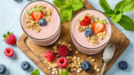 Delight in these fresh berry smoothies, topped with oats and mint, served on a wooden tray. Perfect for a healthy breakfast or a refreshing snack.の素材