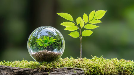 A striking visual of a green plant growing within a glass sphere, juxtaposed with a young sapling on a textured wooden surface, embodying nature's beauty and growth.の素材