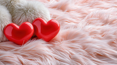 Two shiny red hearts rest on a soft pink fur background, creating a romantic and cozy atmosphere perfect for celebrations and decor.の素材