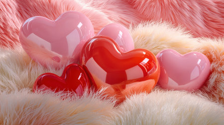 A captivating display of glossy heart-shaped objects resting on a soft, furry background. The vibrant colors highlight themes of love and affection, perfect for romantic settings.の素材