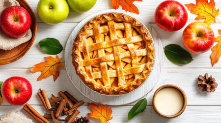 A beautiful homemade apple pie sits on a rustic table, surrounded by fresh apples, autumn leaves, and warm spices. Perfect for seasonal gatherings!の素材