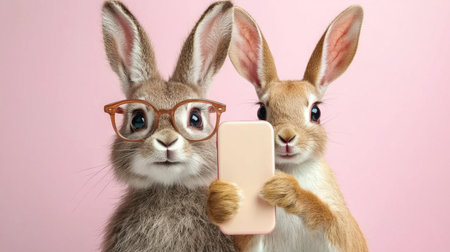 Two adorable rabbits wearing glasses pose playfully with a smartphone, capturing a cheerful selfie against a soft pink background in a lively studio setting.の素材