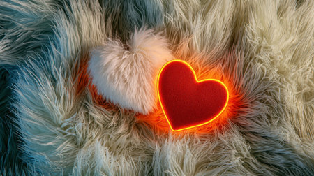 A soft and inviting furry background featuring a plush white heart alongside a glowing red heart, perfect for conveying love and warmth in any setting.の素材