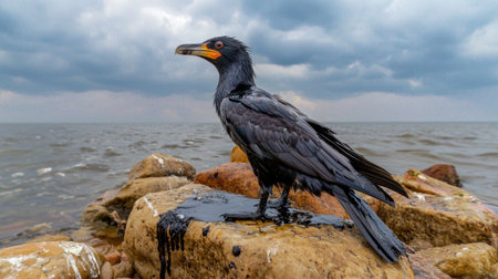A striking black bird with a vibrant orange beak perches on wet rocks by the ocean, set against a dramatic stormy sky, capturing the essence of coastal wildlife.の素材