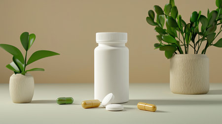 A minimalist composition featuring a white medicine bottle surrounded by colorful capsules and lush green plants, evoking a sense of health and tranquility.の素材