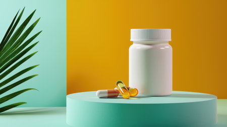 A modern white medicine bottle with colorful capsules displayed on a vibrant background. Ideal for health, wellness, and pharmaceutical themes.の素材