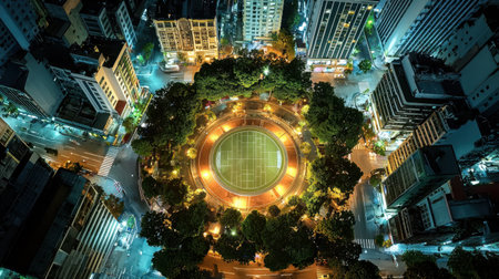 Captivating aerial view of a circular sports court illuminated at night, encircled by lush trees and urban buildings, showcasing a vibrant city atmosphere.の素材