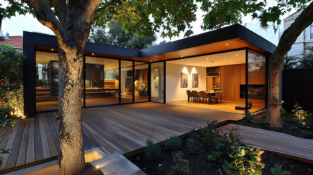 A striking modern house featuring large glass walls and wooden elements, set in a lush garden. The evening lighting creates a serene and inviting atmosphere.の素材