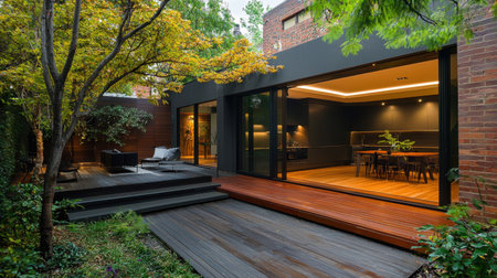 Discover a modern backyard featuring a wooden deck, large windows, and lush greenery that seamlessly blend nature with contemporary architecture for relaxing living.の素材