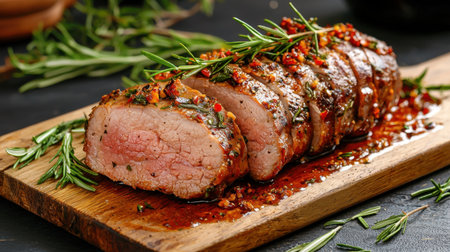 A beautifully prepared grilled beef tenderloin garnished with fresh herbs and spices, showcasing a mouthwatering display perfect for any culinary occasion.の素材
