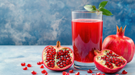 A vibrant glass of pomegranate juice surrounded by fresh fruit, showcasing natural beauty and healthy ingredients. Ideal for beverage and food photography.の素材