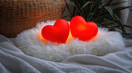 Two vibrant heart-shaped lamps emit a warm glow on a cozy fur rug, creating an intimate and romantic atmosphere perfect for home decor and special occasions.の素材