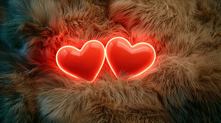 Two vibrant red hearts rest on a soft, furry surface, creating a warm and romantic atmosphere. Ideal for themes of love and affection.の素材