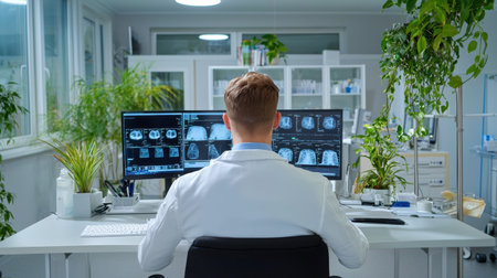 A medical professional in a white coat sits in front of dual monitors, analyzing diagnostic imaging in a modern clinic, surrounded by greenery and medical equipment.の素材