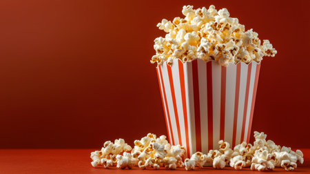 A vibrant image of freshly popped popcorn spilling from a classic red and white striped bucket. Perfect for evoking a sense of enjoyment and leisure at movie time.の素材