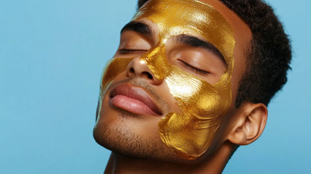 A serene young man enjoys a gold facial mask on a blue background, showcasing wellness and skincare themes, emphasizing relaxation and beauty.の素材